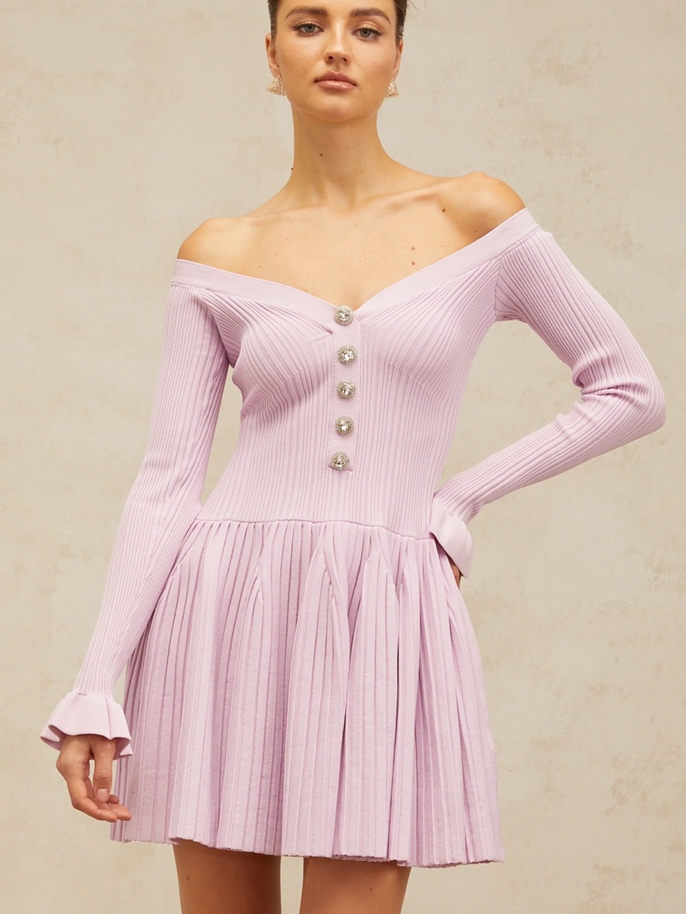 Self Portrait Ribbed Knit Mini Dress Pleated Off the Shoulder Pink Large Med